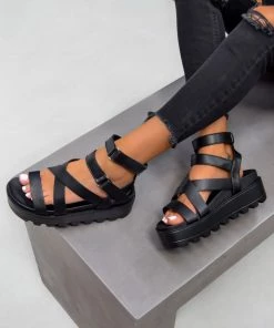 ELG MEAN IT Chunky Platform Velcro Strap Gladiator Sandals - Black