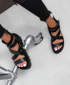 ELG MEAN IT Chunky Platform Velcro Strap Gladiator Sandals - Black
