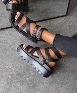 ELG MEAN IT Chunky Platform Velcro Strap Gladiator Sandals - Black