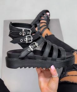 ELG SHOES MENACE Chunky Caged Gladiator Buckle Sandals - Black