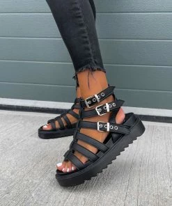 ELG SHOES MENACE Chunky Caged Gladiator Buckle Sandals - Black