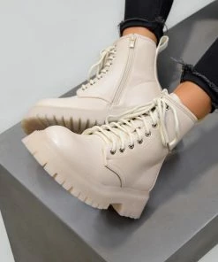 DMF MONTANA Lace Up Chunky Boots - Beige Pu