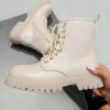 DMF MONTANA Lace Up Chunky Boots - Beige Pu