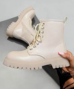 DMF MONTANA Lace Up Chunky Boots - Beige Pu
