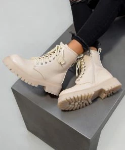 DMF MONTANA Lace Up Chunky Boots - Beige Pu