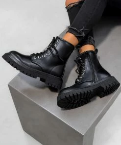 DMF MONTANA Lace Up Chunky Boots - Black PU SHOES