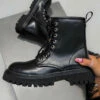 DMF MONTANA Lace Up Chunky Boots - Black PU SHOES