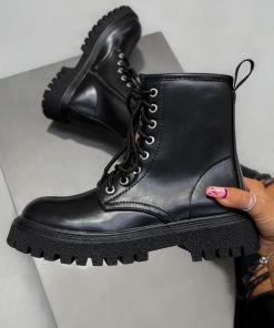 DMF MONTANA Lace Up Chunky Boots - Black PU SHOES