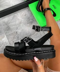 LIV MOTION Chunky Buckle Gladiator Sandals - Black SHOES