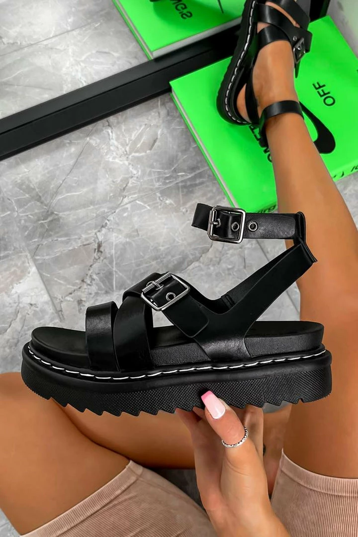 LIV MOTION Chunky Buckle Gladiator Sandals - Black SHOES 3 LIV MOTION Chunky Buckle Gladiator Sandals - Black SHOES