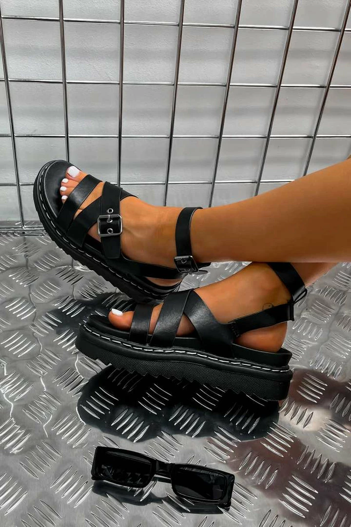 LIV MOTION Chunky Buckle Gladiator Sandals - Black SHOES 8 LIV MOTION Chunky Buckle Gladiator Sandals - Black SHOES