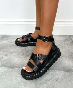 LIV MOTION Chunky Buckle Gladiator Sandals - Black SHOES