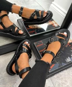 LIV MOTION Chunky Buckle Gladiator Sandals - Black SHOES 11 LIV MOTION Chunky Buckle Gladiator Sandals - Black SHOES