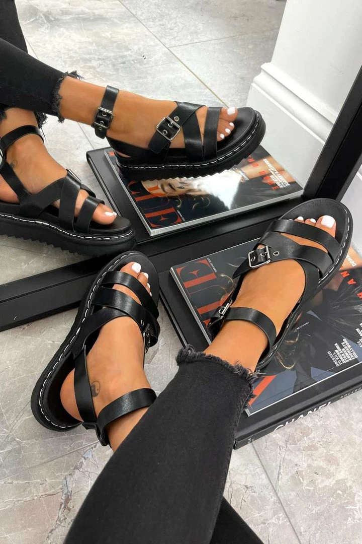 LIV MOTION Chunky Buckle Gladiator Sandals - Black SHOES 5 LIV MOTION Chunky Buckle Gladiator Sandals - Black SHOES