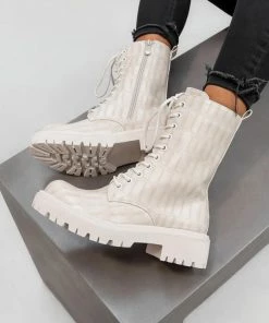 DMF MYLAH Chunky Lace Up Ankle Boots - Beige Croc SHOES