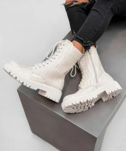 DMF MYLAH Chunky Lace Up Ankle Boots - Beige Croc SHOES