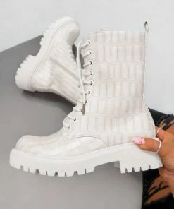 DMF MYLAH Chunky Lace Up Ankle Boots - Beige Croc SHOES