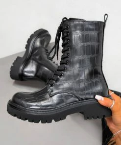 DMF MYLAH Chunky Lace Up Ankle Boots - Black Croc