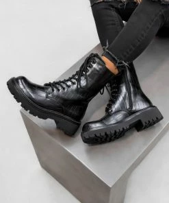 DMF MYLAH Chunky Lace Up Ankle Boots - Black Croc