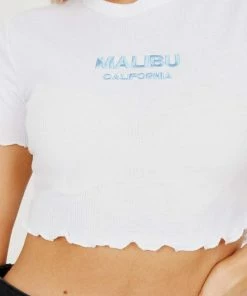 SWD Malibu Embroidered Rib Crop Top - White