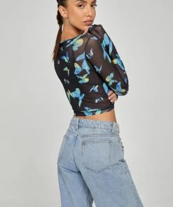 Motel Rocks Motel Elijah Long Sleeve Top - Black/Blue Butterfly