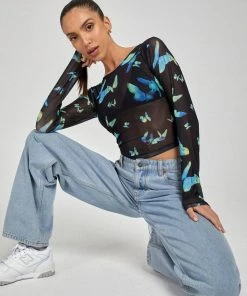 Motel Rocks Motel Elijah Long Sleeve Top - Black/Blue Butterfly