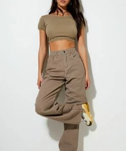 Motel Rocks Natka Short Sleeve Crop Top - Khaki CLOTHING