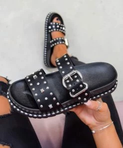 DMF NEED ME Chunky Studded Buckle Sandals - Black/Silver