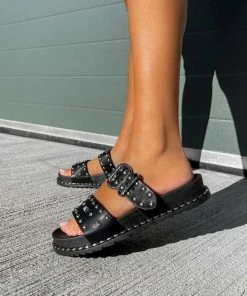 DMF NEED ME Chunky Studded Buckle Sandals - Black/Silver