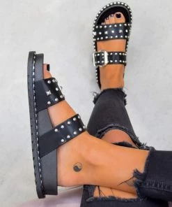 DMF NEED ME Chunky Studded Buckle Sandals - Black/Silver