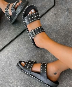 DMF NEED ME Chunky Studded Buckle Sandals - Black/Silver