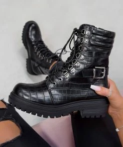 DMF NEVA Chunky Buckle Ankle Boots - Black Croc SHOES