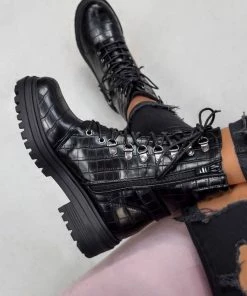 DMF NEVA Chunky Buckle Ankle Boots - Black Croc SHOES