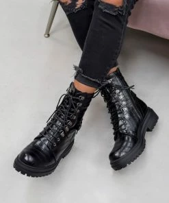 DMF NEVA Chunky Buckle Ankle Boots - Black Croc SHOES