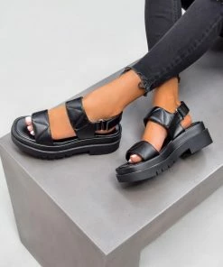 NDS NIA Chunky Velcro Sandals - Black PU SHOES