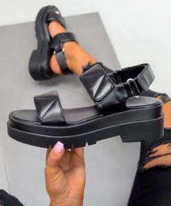 NDS NIA Chunky Velcro Sandals - Black PU SHOES