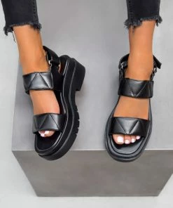 NDS NIA Chunky Velcro Sandals - Black PU SHOES