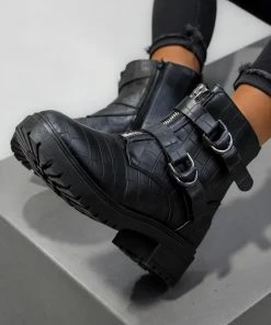 OLIVIA Zip Front Ankle Boots - Black Croc SHOES