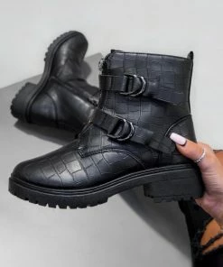 OLIVIA Zip Front Ankle Boots - Black Croc SHOES