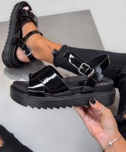 ELG SHOES PERLA Chunky Platform Buckle Sandals - Black Patent