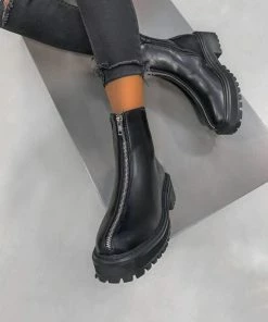 CIT SHOES RAGE Chunky Sole Zip Front Ankle Boots - Black PU