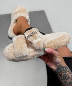 CIT RAINA Faux Fur Slipper - Beige SHOES