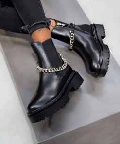 NDS SHOES RAIN Chunky Platform Chain Ankle Boots - Black PU