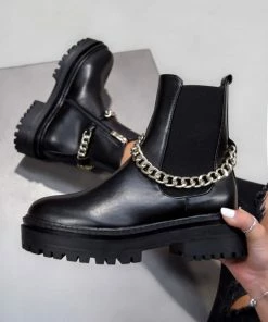 NDS SHOES RAIN Chunky Platform Chain Ankle Boots - Black PU