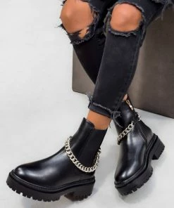 NDS SHOES RAIN Chunky Platform Chain Ankle Boots - Black PU