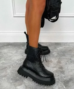 AJV RAPTOR Panelled Ankle Boots - Black Croc