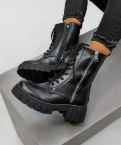 DMF REACT Lace Up Biker Ankle Boots - Black PU SHOES