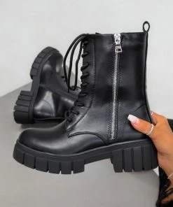 DMF REACT Lace Up Biker Ankle Boots - Black PU SHOES