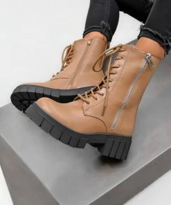 DMF REACT Lace Up Biker Ankle Boots - Tan PU 7 DMF REACT Lace Up Biker Ankle Boots - Tan PU