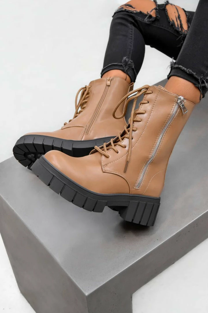 DMF REACT Lace Up Biker Ankle Boots - Tan PU 5 DMF REACT Lace Up Biker Ankle Boots - Tan PU